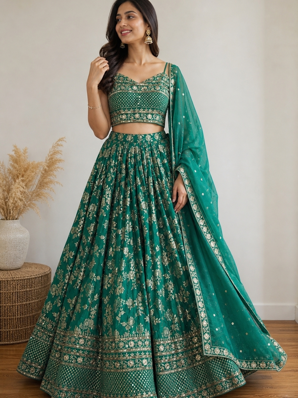 Green Dola Silk Jacquard Lehenga Choli Set